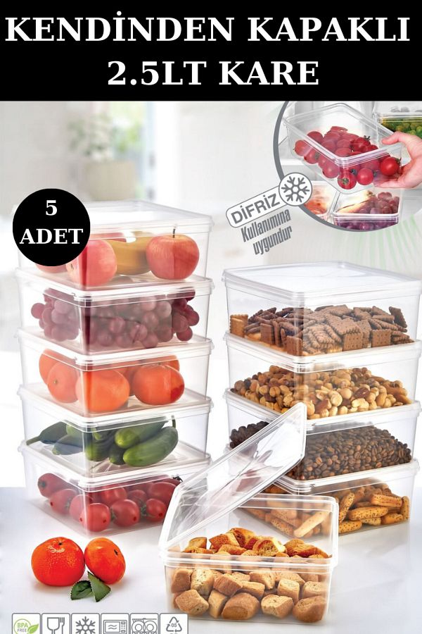 PONÇİK STORE-2.5 Lt Capacity Square Storage Container - Set of 5, Suitable for Deep Freezer (Square) 1