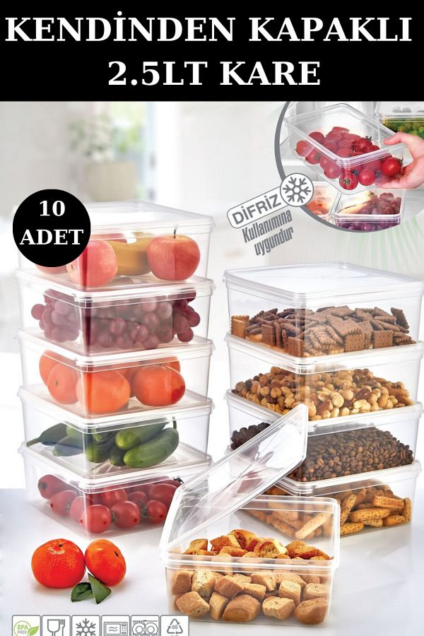 PONÇİK STORE-Set of 10 with 2.5 Lt Capacity - Square Storage Container Suitable for Deep Freezer 1