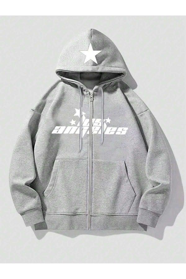 modaberry Los Angeles Star Pattern Gray Oversize Winter Hooded Cardigan with Pockets