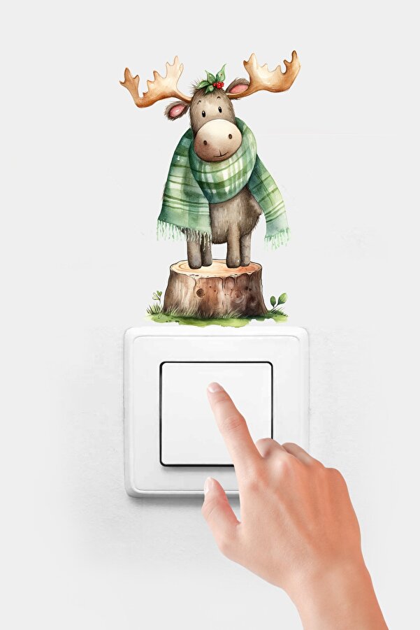 PANDA SOKAĞI Priz Ağaç ve Sevimli Geyik Priz Sticker, Yılbaşı Sticker Priz