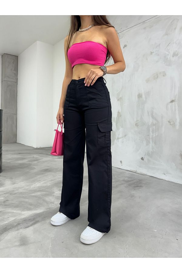 BİKELİFE-Schwarze Lycra-Hose mit hoher Taille und weitem Bein und Cargotaschen 1