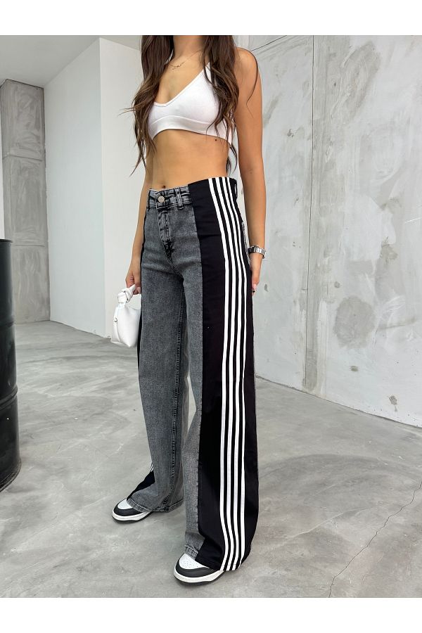 B KEL FE Women s High Waist Smoked Side Striped Wide Leg Jeans Trendyol