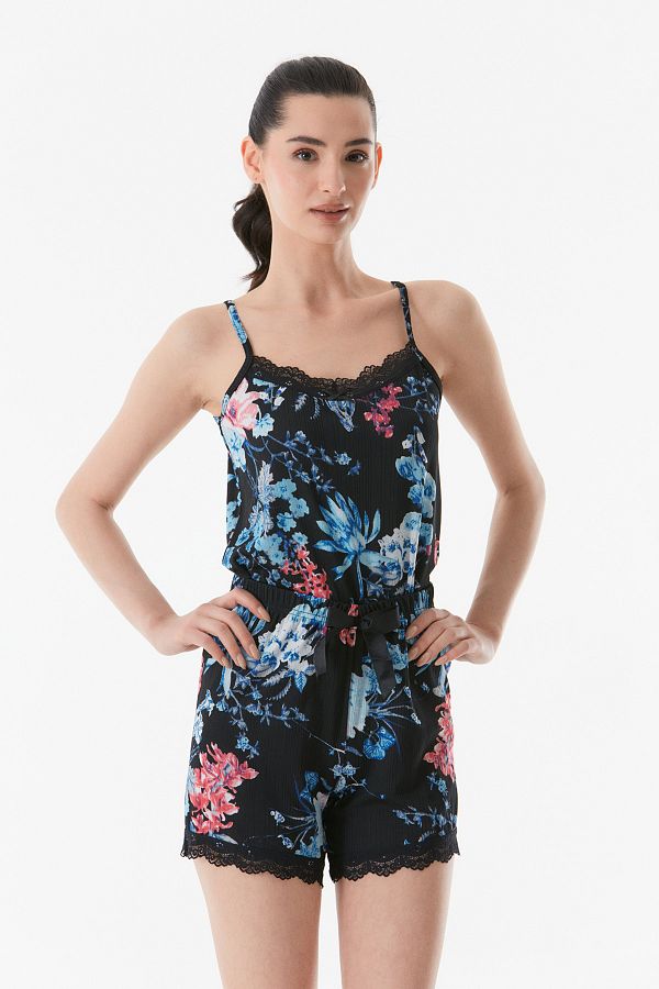 Fulla Moda-Комплект пижама с къси панталони с презрамки с флорални връзки 1