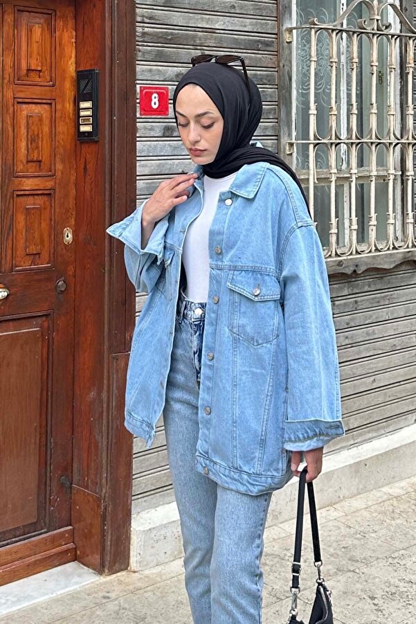 Double Denim Jean Jacket With Scarf Lamelif Double Pocket Oversize