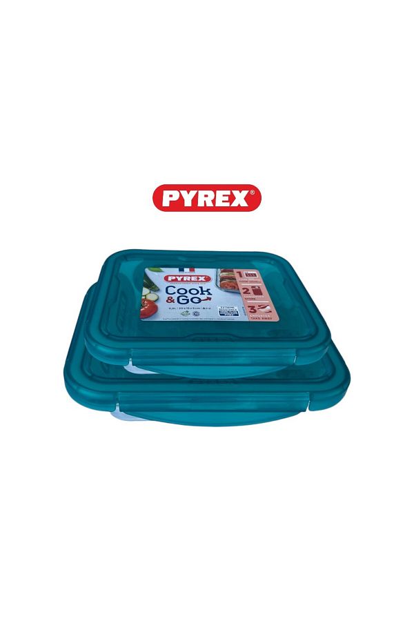 Pyrex-Cook&Go Storage Dish Set - 0.8L & 1.9L Rectangular Glass Containers with Airtight Green Lids 1