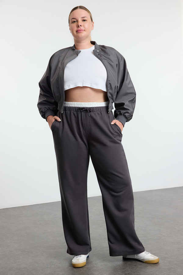 Trendyol Curve-Πλεκτό παντελόνι Anthracite Plus Size - Φαρδύ πόδι και λεπτομέρεια μέσης TBBAW25AJ00005 1