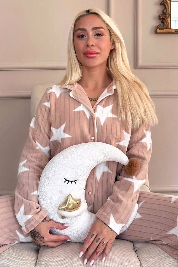 Pijamaevi-Caramel Star Patterned Front Buttoned Plush Fleece Pajama Set 1