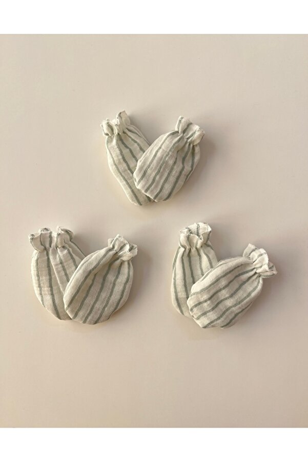 runbaby Pamuklu Çift Kat Müslin Kumaş 3 Çift Bebek Eldiven ( Ince Yeşil Çizgili)