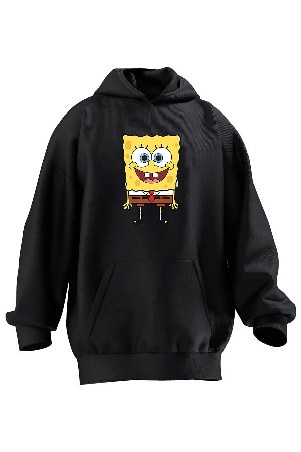 NMG TEKST L Unisex Premium Cotton Black Spongebob Smile Printed 3 Thread Hooded Sweatshirt Trendyol