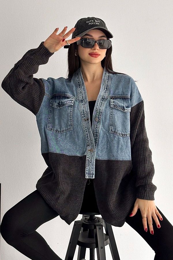 FURKAN EXCLUSIVE-Women's Anthracite Knitwear Detailed Design Denim Jacket 1