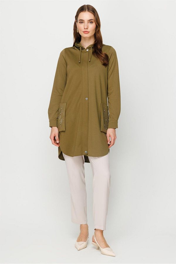 Esswaap-Go and Go Tunic with Stone Embroidered Zipper Closure on Bag Pocket Khaki 1