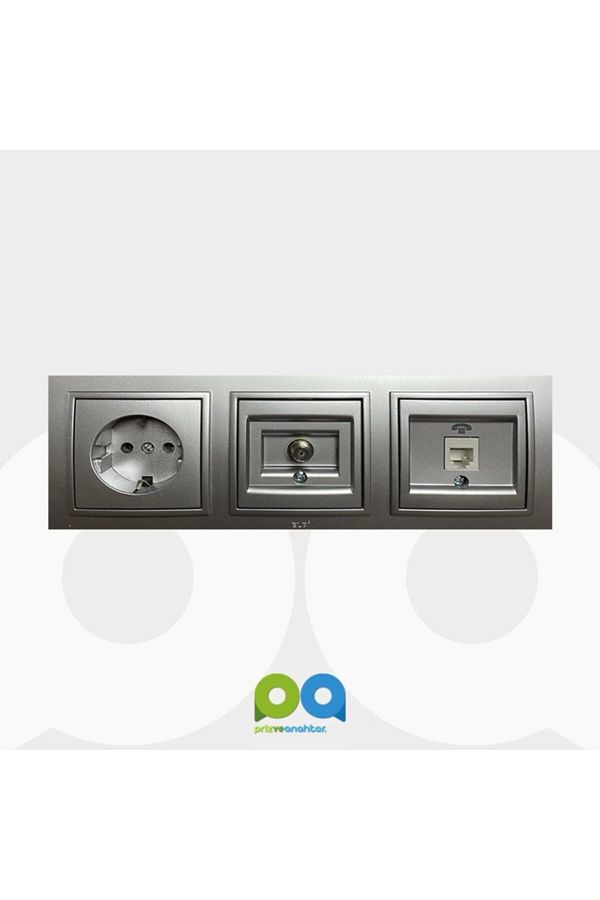 ELBİ-Zena Triple Set Grounded Socket Satellite Socket Telephone Socket Triple Frame (Silver) Metallic Gray 1