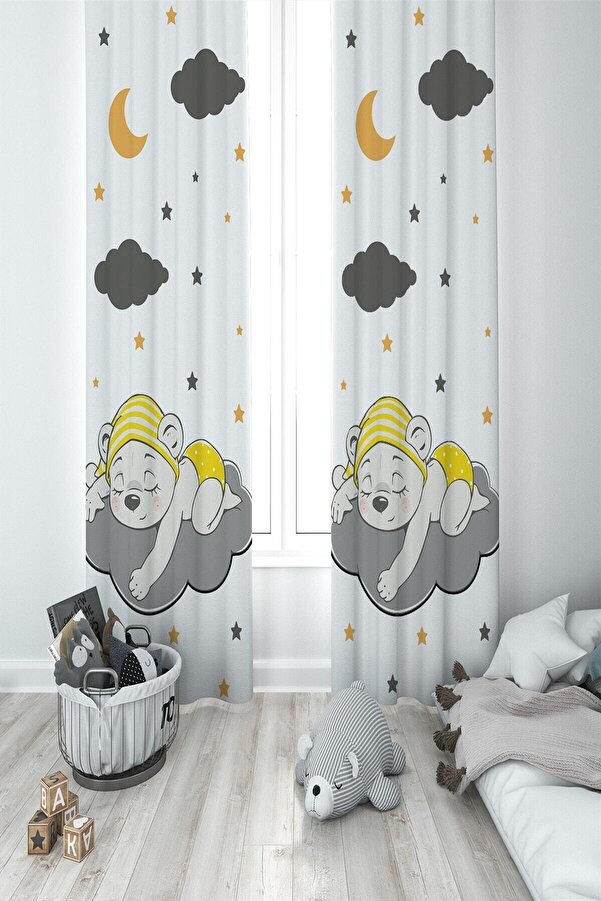 MEKTA HOME Unisex Beyaz Çocuk Bebek Odası Ayıcıklı 2 Kanat Fon Perde Mkt-085