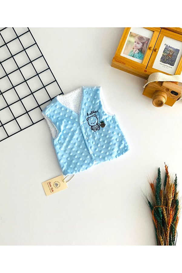 DERİNBEBE Neşeli Bebekler Ayıcık Nakışlı Dışı Nohut İçi Welsoft Yelek Mavi