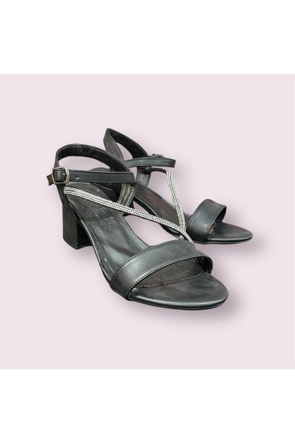 İpek-Silk Women's Black Rhinestones Thick Heel Sandals 1