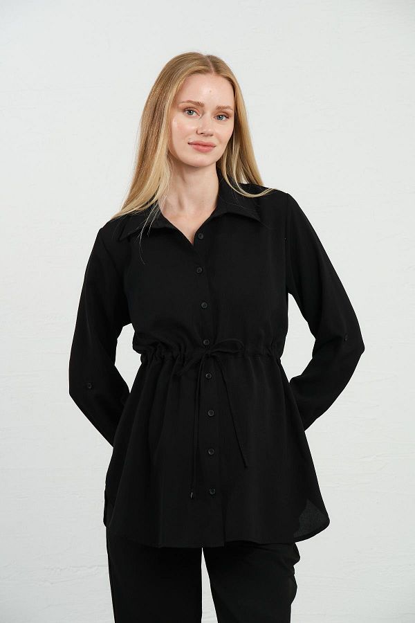 BUSA-Black Long Sleeve Maternity Shirt - Waist Lace-Up 1