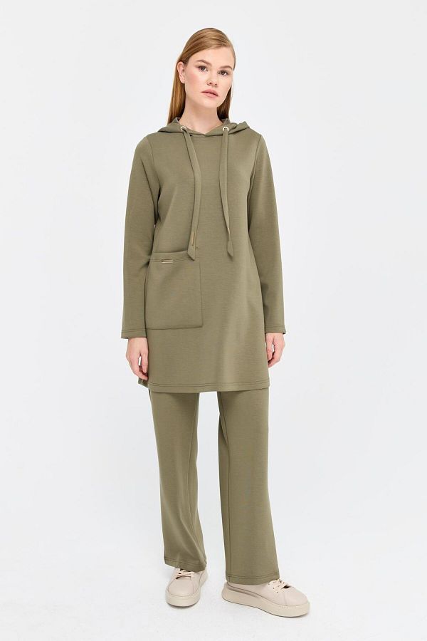 Esswaap Khaki Color Hoodie and Fabric Trousers Set with Pocket Detail Trendyol