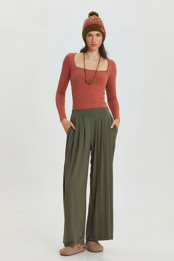 Clandestino-Khaki Wide Leg - Elastic Waist Comfortable Trousers 1