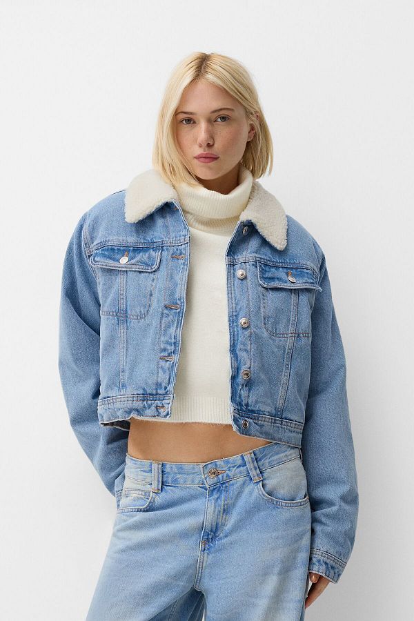 Wool collar denim jacket top