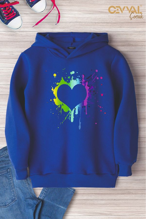 Cevval-Heart Printed Hooded Oversize Kids Sweat Shirt 1