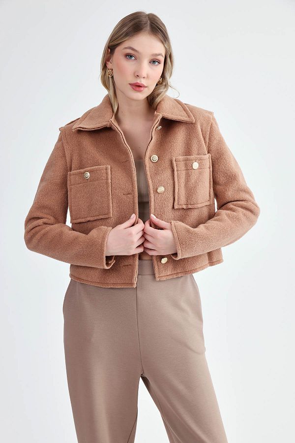 Vitrin-Gold Buttoned Reverse Stitching Felt Fabric Crop Jacket 1
