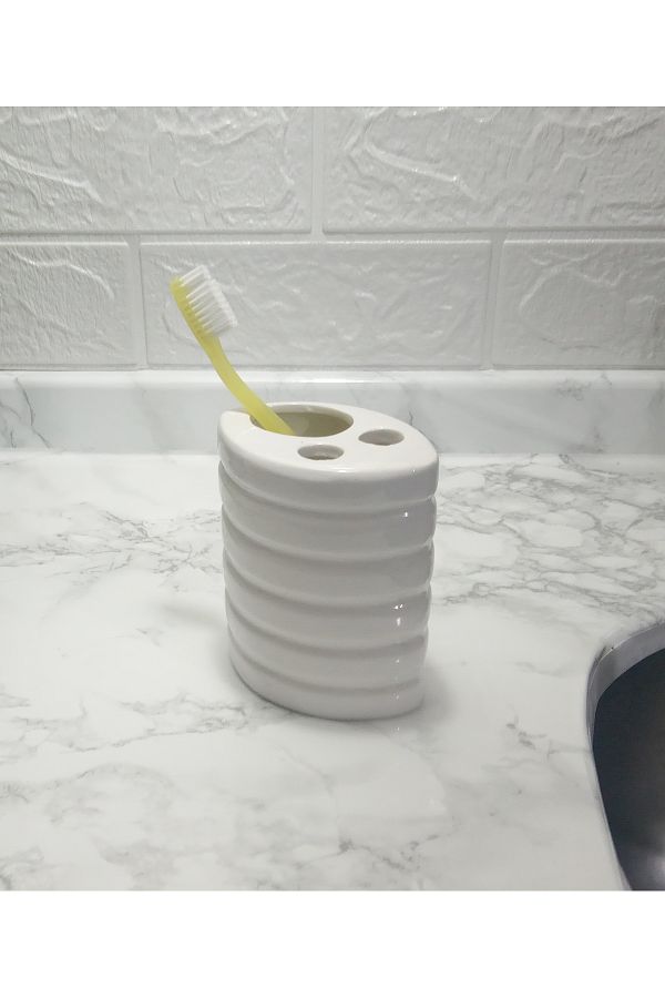 Bosphorus-9X6X11CM Ceramic External Brush Holder Oval Striped Bathroom Set 1
