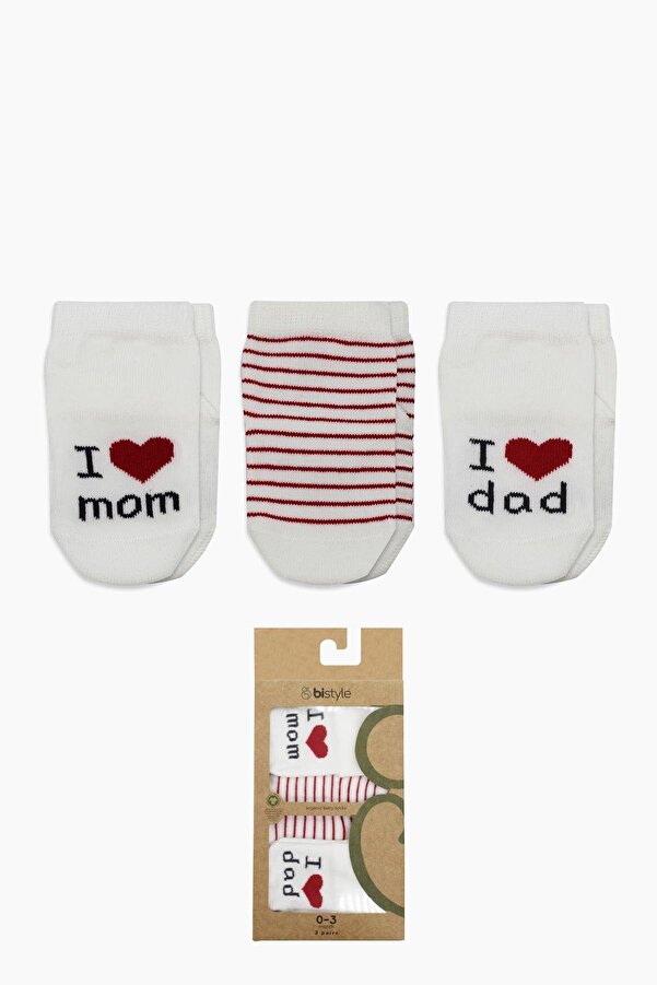 Bistyle 3 Çift Organik Pamuk Bebek Çorap/Dikişsiz Mom Dad Penye Soket Kutulu/Yenidoğan Çocuk Çorap
