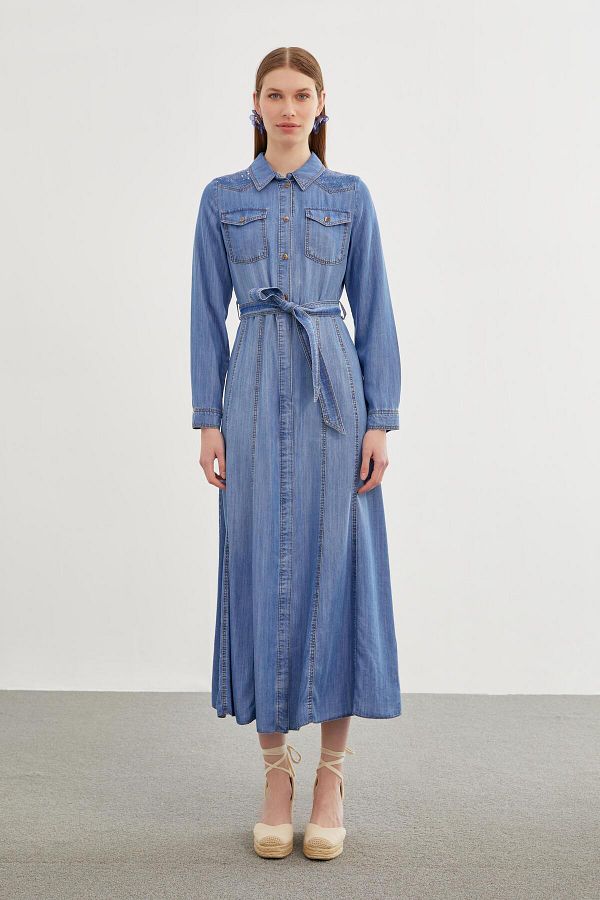 Zühre-Rochie albastră cu guler cămașă din denim cu paiete - E-0382 1