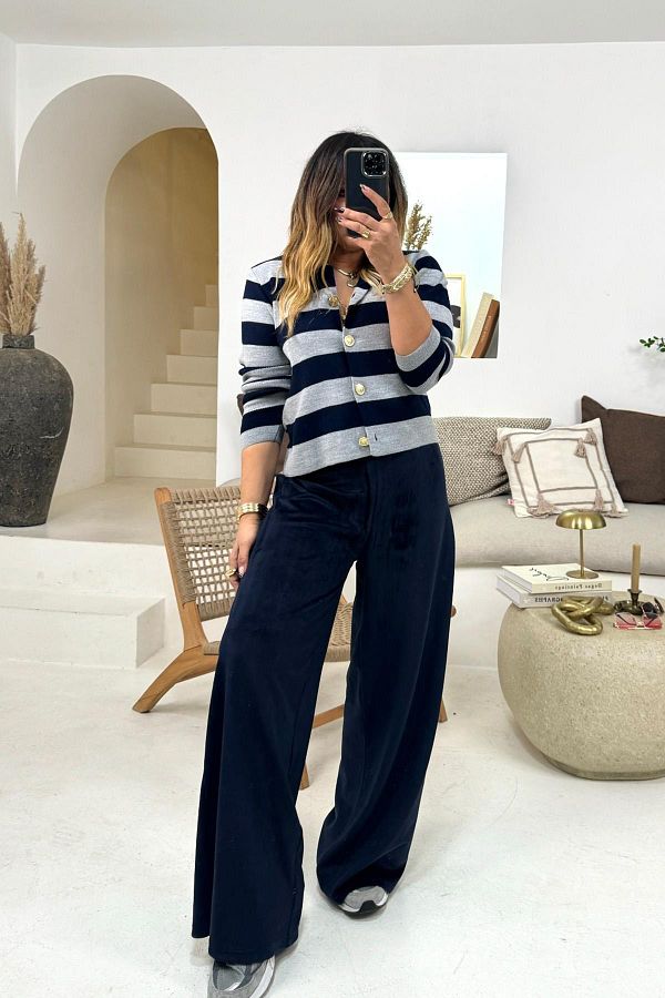 Sohotique By P Navy Blue Velvet Wide Leg Trousers Trendyol