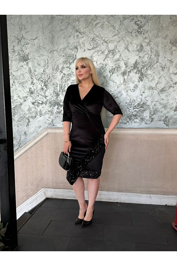 Butik Nilyam Women s Plus Size Double Breasted Collar Three Quarter Sleeve Skirt Sleeve Package Detailed Velvet Midi Evening Dress 24632 Trendyol