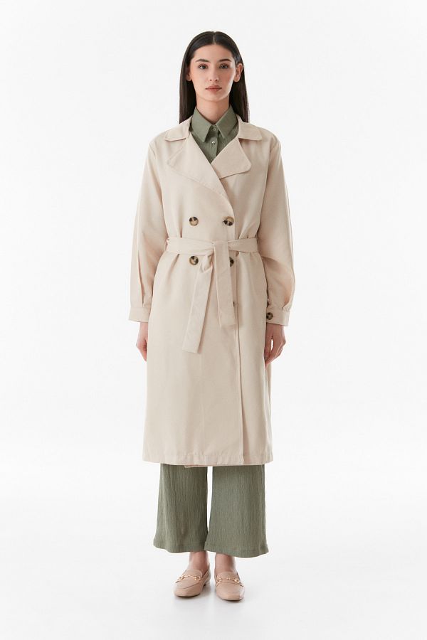 Fullamoda Double Breasted Collar Belted Long Trench Coat Trendyol