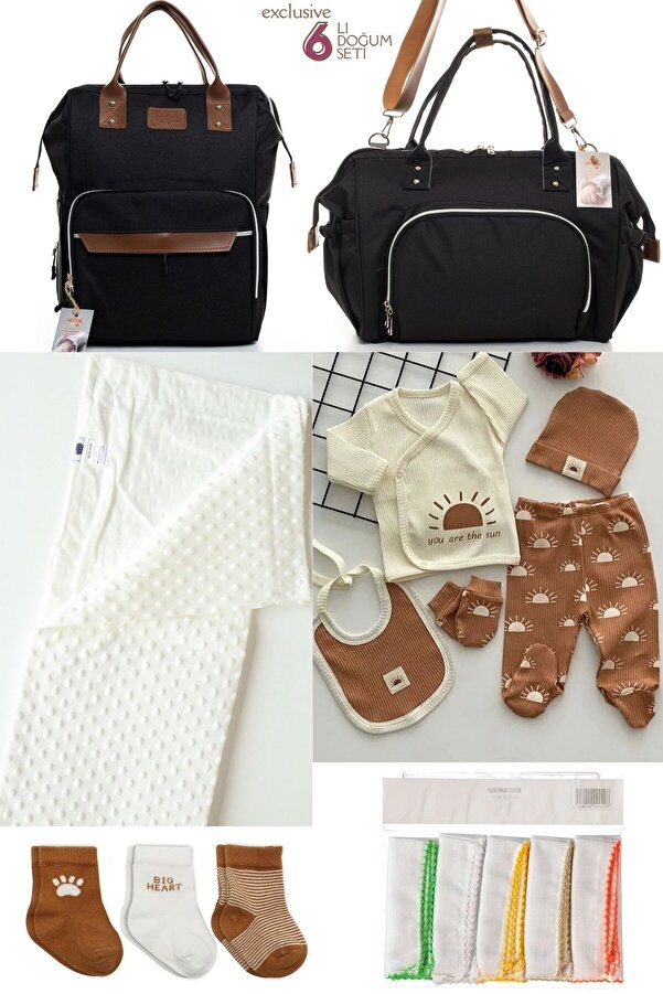 Necix's 6’LI BEBEK DOĞUM SETİ(HASTANE ÇIKIŞ,ANNE&BEBEK BAKIM OMUZ VE SIRT ÇANTASI,BATTANİYE,ÇORAP VE MENDİL)