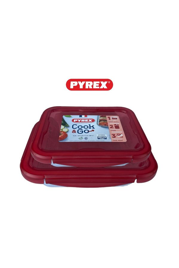 Pyrex-Cook&Go Storage Dish Set - 0.8L & 1.9L Rectangular Glass Containers with Airtight Red Lids 1