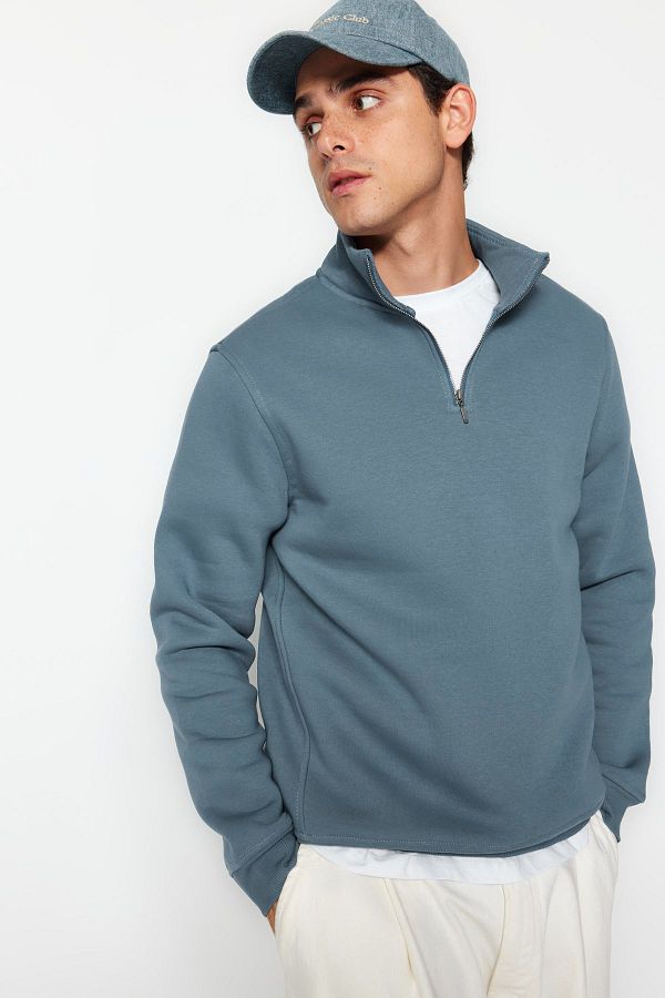 Trendyol Collection-Blaues Fleece-Baumwoll-Sweatshirt – Stehkragen, Reißverschluss TMNAW24SW00041 1