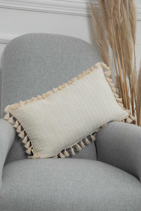 Aisha's Design-Linen Textured Fringed Edges Tasseled Rectangular Throw Pillow Cover,K-226 1