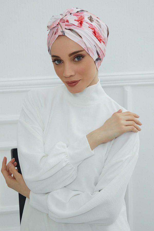 Aisha's Design-نموذج B-7yd بونيه منقوش بفيونكة أمامية 1