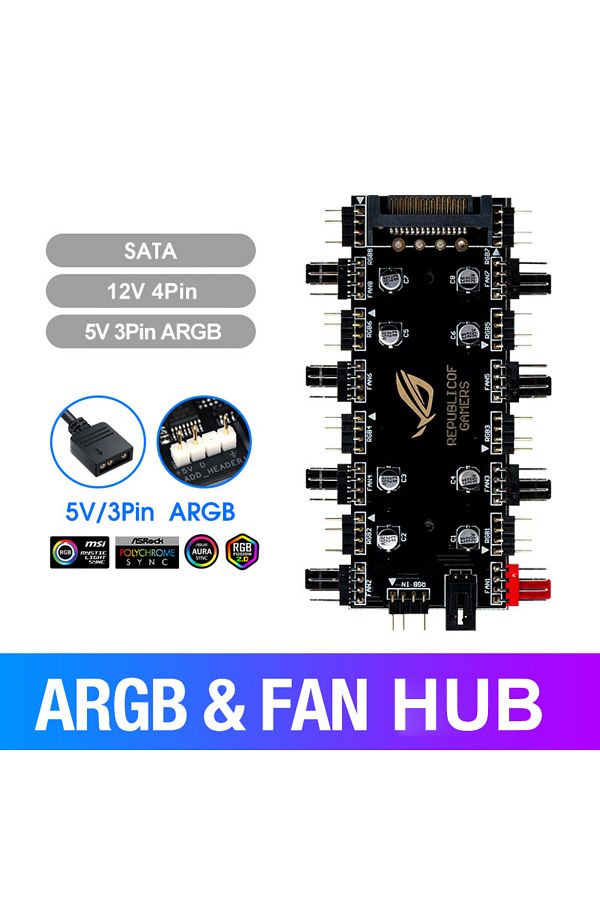 ALLOYSEED-5v3pin Sata 5v/3 Pin Argb 4 Pin Fan Pwm Hub 1 To 8 Multi Way Splitter For Pc Motherboard Led Strip L 1