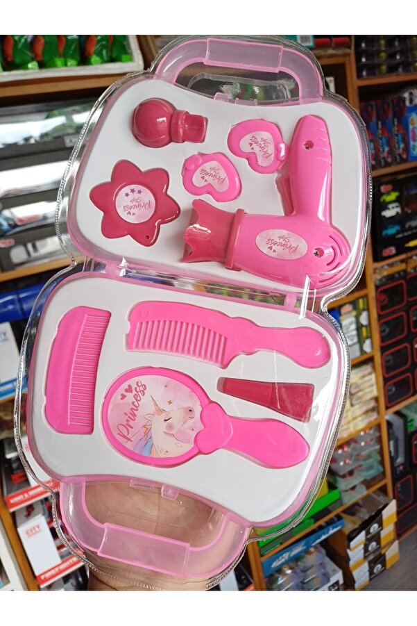 OYUNCAKSAHİLİ Çantalı Makyaj Güzellik Çantası 10lu Oyuncak Fön Makinası Tarak Ayna Ruj Parfüm Açılır Çanta Evcilik