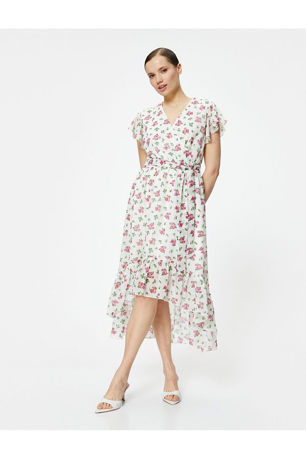 Koton-Rochie din șifon cu imprimeu floral de lungime midi - croială asimetrică, talie cu volane, decolteu în V cu eșarve 1
