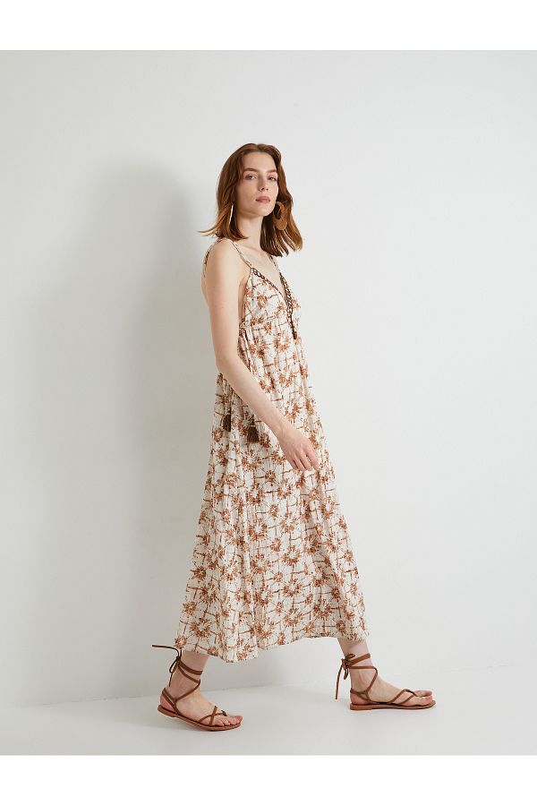 Koton-V-Neck Tassel Detailed Long Strap Dress 1