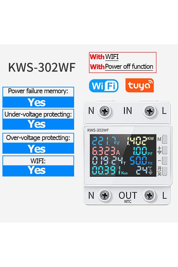 JUANJUAN-Kws-302wf Tuya Wifi 8in1 Power Meter 2p Ac Energy Meter App Control 170-270v/63a Voltage And Current 1