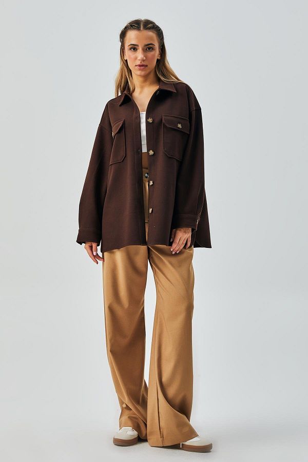 新品入荷 Pocket Stamped Brown Women's minaaise Buttoned Cut Wide トップス