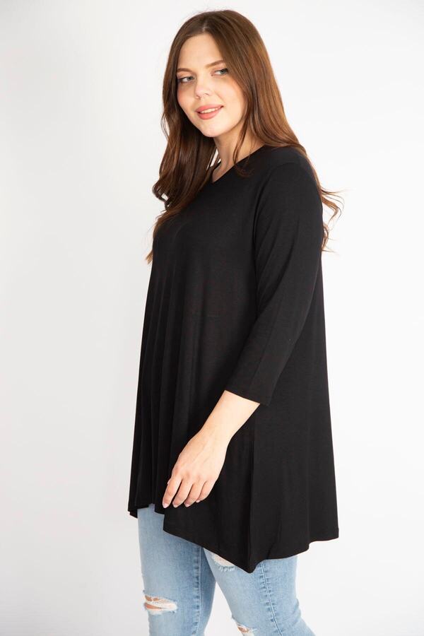 Şans-Women's Black Large Size V-Neck Capri Sleeve Tunic 65n36342 1