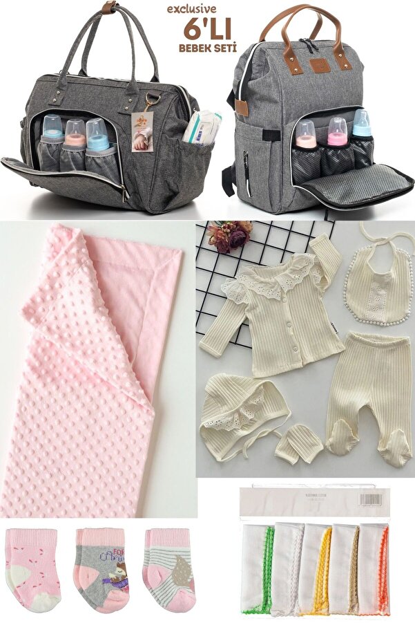 Kidex’s Baby 6’LI BEBEK DOĞUM SETİ(HASTANE ÇIKIŞ,ANNE&BEBEK BAKIM OMUZ VE SIRT ÇANTASI,BATTANİYE,ÇORAP VE MENDİL)