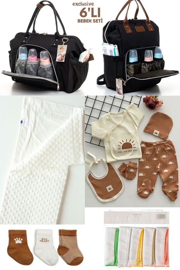 Kidex’s Baby 6’LI BEBEK DOĞUM SETİ(HASTANE ÇIKIŞ,ANNE&BEBEK BAKIM OMUZ VE SIRT ÇANTASI,BATTANİYE,ÇORAP VE MENDİL)