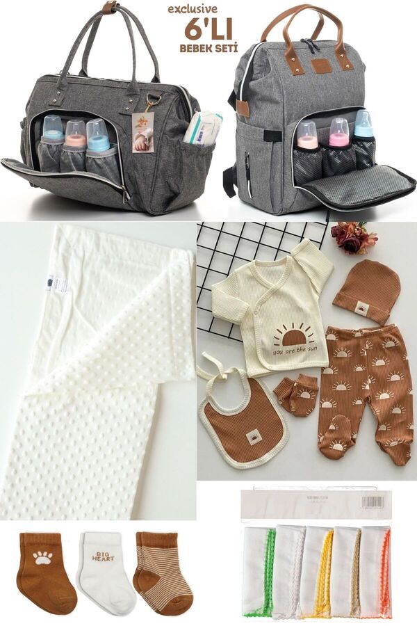 Kidex’s Baby 6’LI BEBEK DOĞUM SETİ(HASTANE ÇIKIŞ,ANNE&BEBEK BAKIM OMUZ VE SIRT ÇANTASI,BATTANİYE,ÇORAP VE MENDİL)