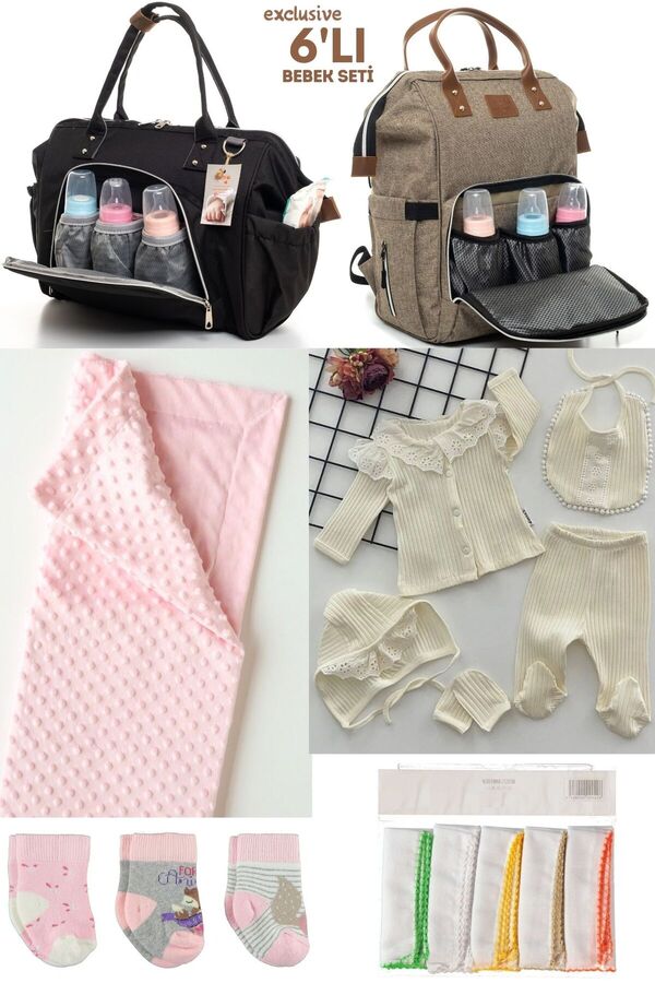 Kidex’s Baby 6’LI BEBEK DOĞUM SETİ(HASTANE ÇIKIŞ,ANNE&BEBEK BAKIM OMUZ VE SIRT ÇANTASI,BATTANİYE,ÇORAP VE MENDİL)