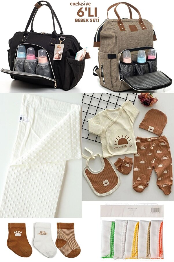 Kidex’s Baby 6’LI BEBEK DOĞUM SETİ(HASTANE ÇIKIŞ,ANNE&BEBEK BAKIM OMUZ VE SIRT ÇANTASI,BATTANİYE,ÇORAP VE MENDİL)
