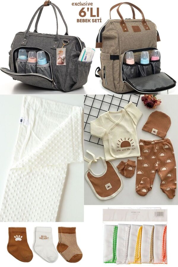 Kidex’s Baby 6’LI BEBEK DOĞUM SETİ(HASTANE ÇIKIŞ,ANNE&BEBEK BAKIM OMUZ VE SIRT ÇANTASI,BATTANİYE,ÇORAP VE MENDİL)