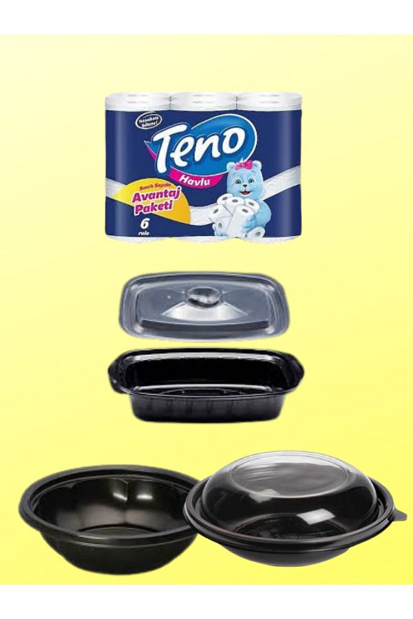 Teno-6-Piece Towel + Micro Wave Compatible 500 Cc Food Bowl 50 Pieces + Black Salad Bowl 5 Pieces 1